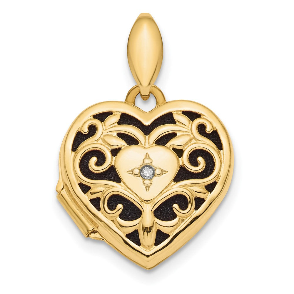 14K Gelbgold 14K Poliert Filigran mit Schwarz Stoff Diamant Herz Medaillon
