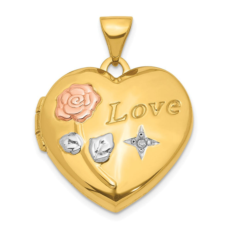 14K Gelb & Rhodium 14K mit Weiß & Rose Rhodium Liebe Rose Diamant Herz Medaillon Anhänger