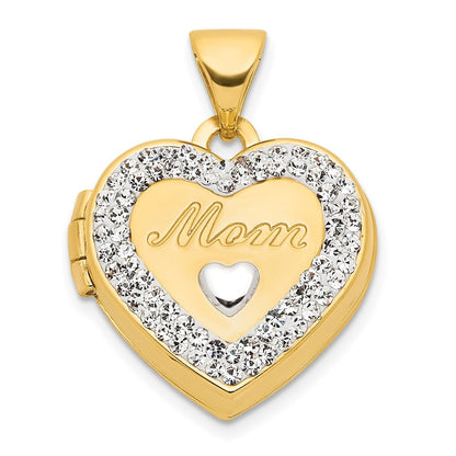 14K Gelb & Rhodium 14K mit Weiß Rhodium Kristall 16mm Mama Herz Medaillon Anhänger