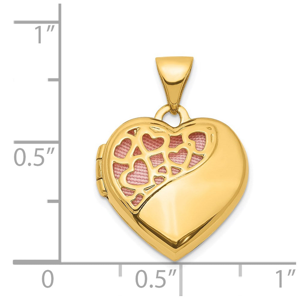 14K Gelbgold 14K Herzen Ausgeschnitten 16mm mit Rosa Stoff Herz Medaillon Anhänger