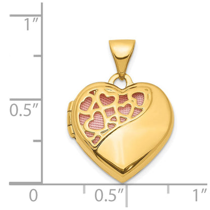 14K Gelbgold 14K Herzen Ausgeschnitten 16mm mit Rosa Stoff Herz Medaillon Anhänger