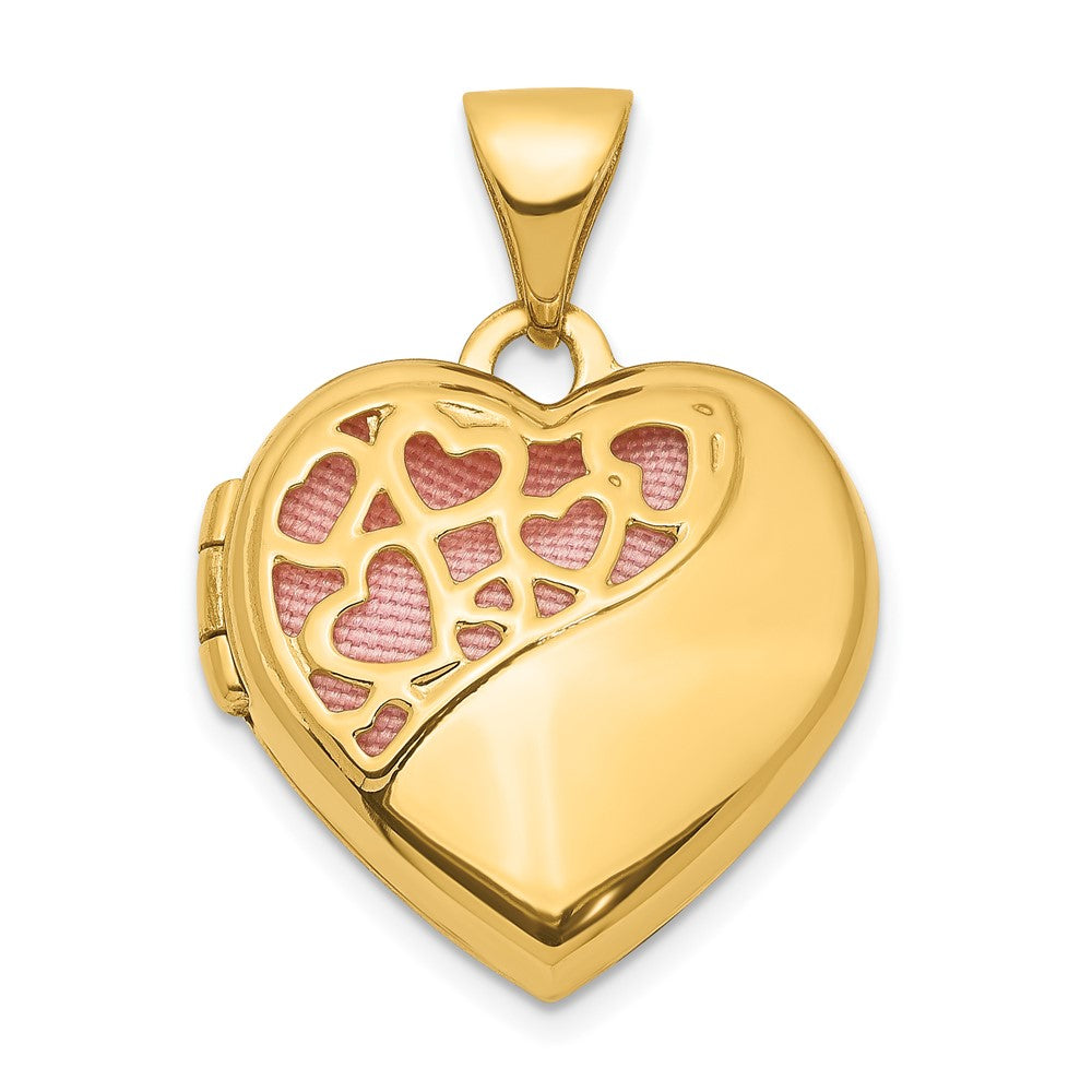 14K Gelbgold 14K Herzen Ausgeschnitten 16mm mit Rosa Stoff Herz Medaillon Anhänger