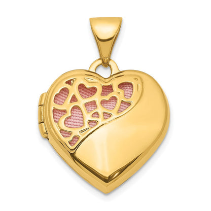 14K Gelbgold 14K Herzen Ausgeschnitten 16mm mit Rosa Stoff Herz Medaillon Anhänger