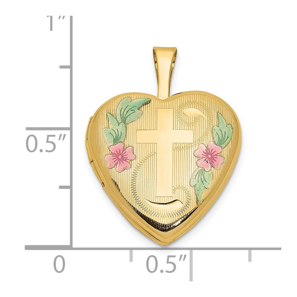 14K Gelbgold 14ky 16mm mit Emaille Blumen Kreuz Herz Medaillon