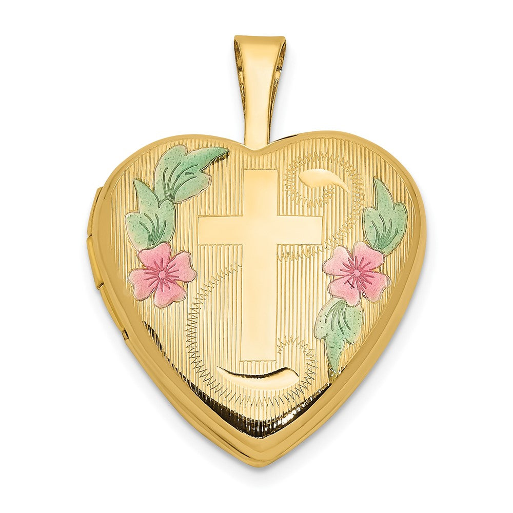 14K Gelbgold 14ky 16mm mit Emaille Blumen Kreuz Herz Medaillon