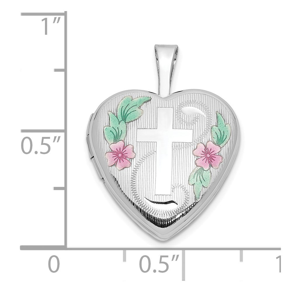 14K Weißgold 14K Weißgold 16mm mit Emaille Blumen Kreuz Herz Medaillon