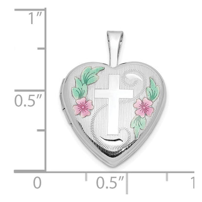 14K Weißgold 14K Weißgold 16mm mit Emaille Blumen Kreuz Herz Medaillon