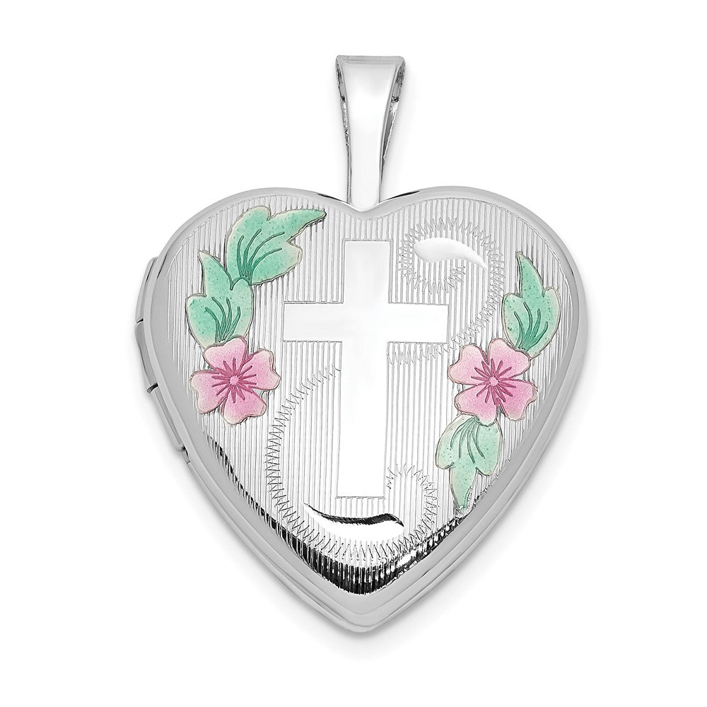 14K Weißgold 14K Weißgold 16mm mit Emaille Blumen Kreuz Herz Medaillon