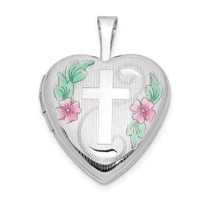 14K Weißgold 14K Weißgold 16mm mit Emaille Blumen Kreuz Herz Medaillon