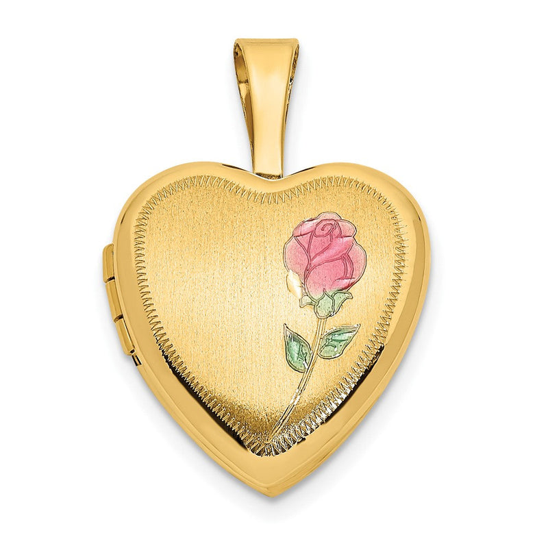 14K Gelbgold 14K 12mm Satiniert mit Emaille Rose Herz Medaillon