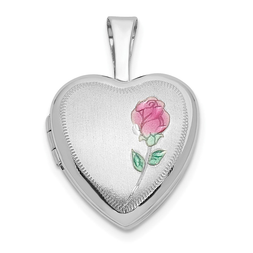 14K Weißgold 14K Weißgold 12mm Satiniert mit Emaille Rose Herz Medaillon