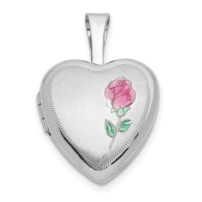 14K Weißgold 14K Weißgold 12mm Satiniert mit Emaille Rose Herz Medaillon