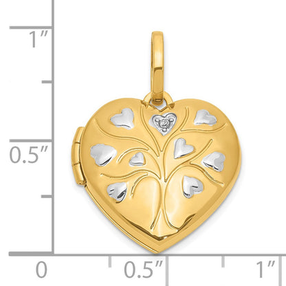 14K Gelb & Rhodium 14ky & Weiß Rhodium Poliert Diamant Herz Baum Herz Medaillon