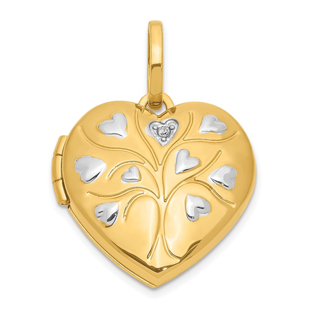 14K Gelb & Rhodium 14ky & Weiß Rhodium Poliert Diamant Herz Baum Herz Medaillon