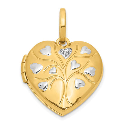 14K Gelb & Rhodium 14ky & Weiß Rhodium Poliert Diamant Herz Baum Herz Medaillon