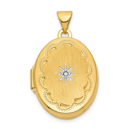 14K Gelb & Rhodium 14K mit Weiß Rhodium Gebürstet Diamant Stern 21mm Oval Medaillon