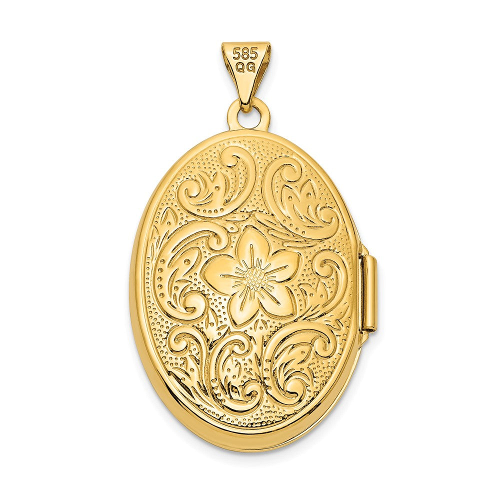 14K Gelbgold 14ky Wendbar Blumen Wirbel Design 26mm Oval Medaillon