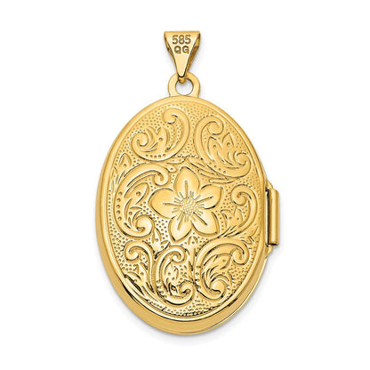 14K Gelbgold 14ky Wendbar Blumen Wirbel Design 26mm Oval Medaillon