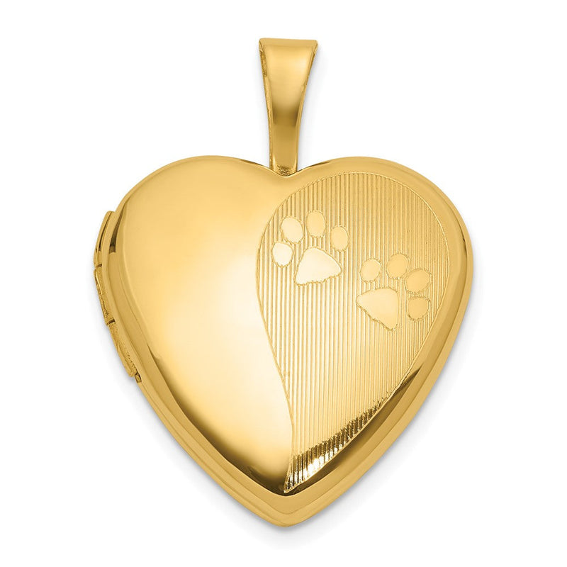 14K Gelbgold Strukturiert und Poliert Paw Prints 16mm Herz Medaillon