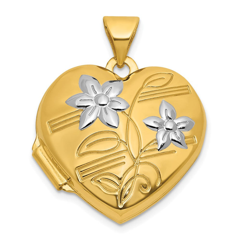 14K Gelb & Rhodium und Rhodium Poliert Blumen 18mm Herz Medaillon