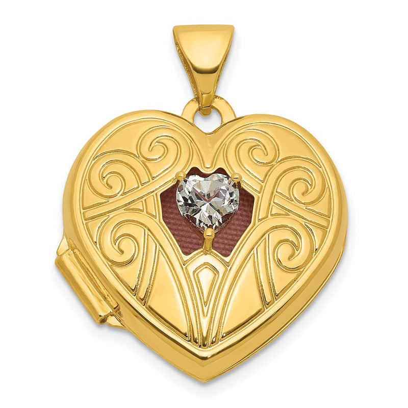 14K Gelbgold Poliert Weiß Topas April Geburtsstein 18mm Herz Medaillon