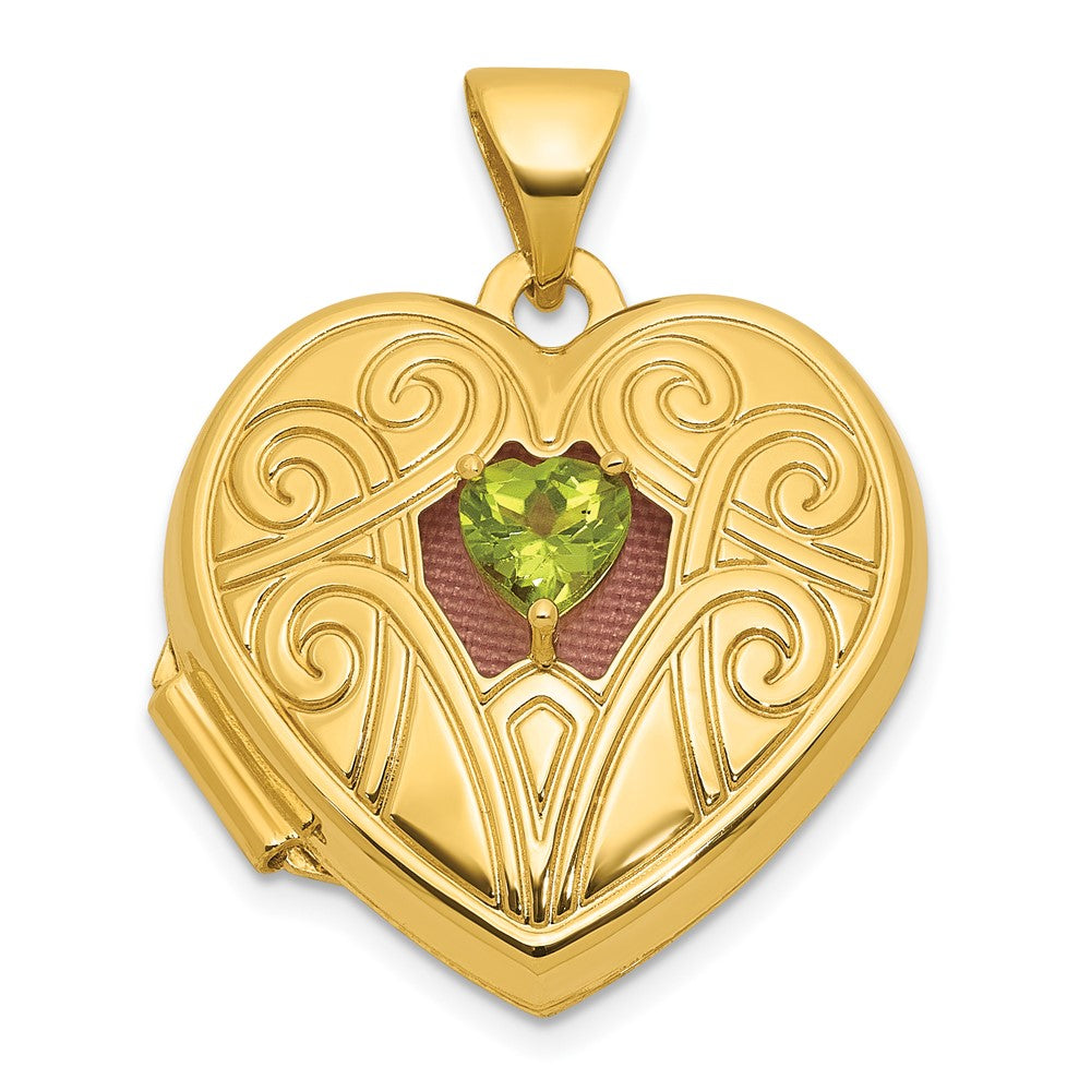 14K Gelbgold Poliert Peridot August Geburtsstein 18mm Herz Medaillon