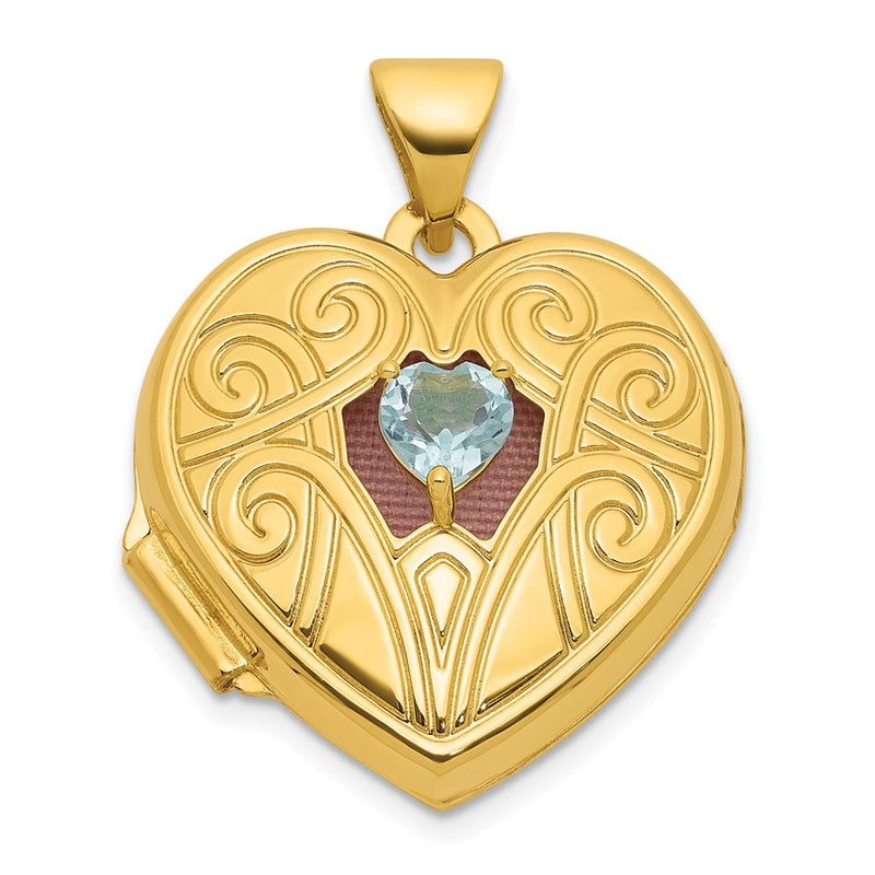 14K Gelbgold Poliert Blautopas December Geburtsstein 18mm Herz Medaillon