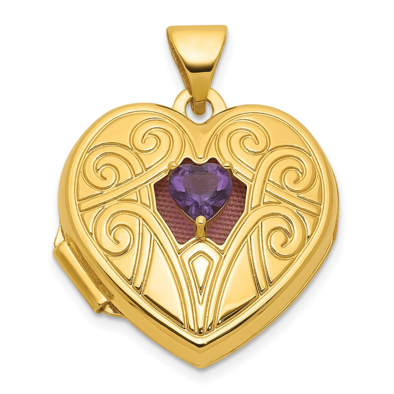 14K Gelbgold Poliert Amethyst February Geburtsstein 18mm Herz Medaillon