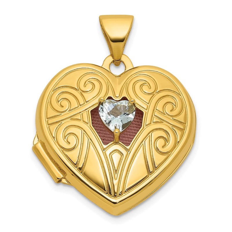 14K Gelbgold Poliert Aquamarin March Geburtsstein 18mm Herz Medaillon