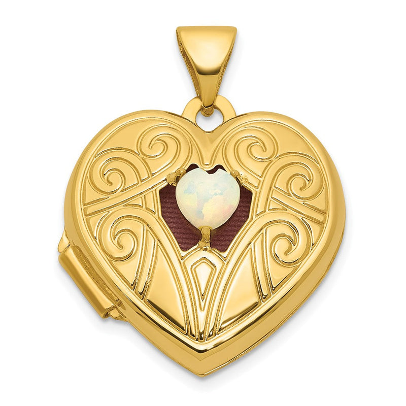 14K Gelbgold Poliert Opal October Geburtsstein 18mm Herz Medaillon