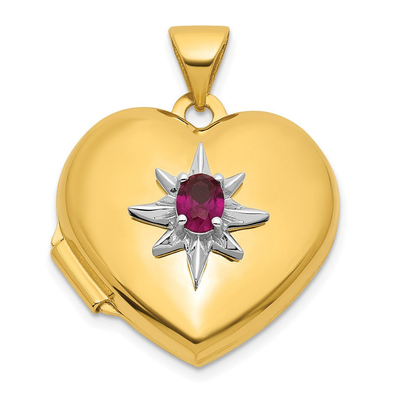 14K Gelb & Rhodium und Weiß Rhodium Poliert Im Labor Erzeugt Rubin 18mm Herz Medaillon