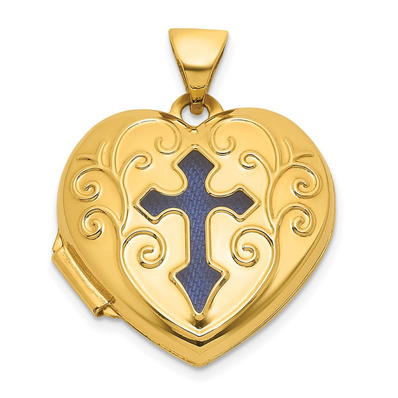 14K Gelbgold Poliert Blau Stoff Offen Kreuz 18mm Herz Medaillon
