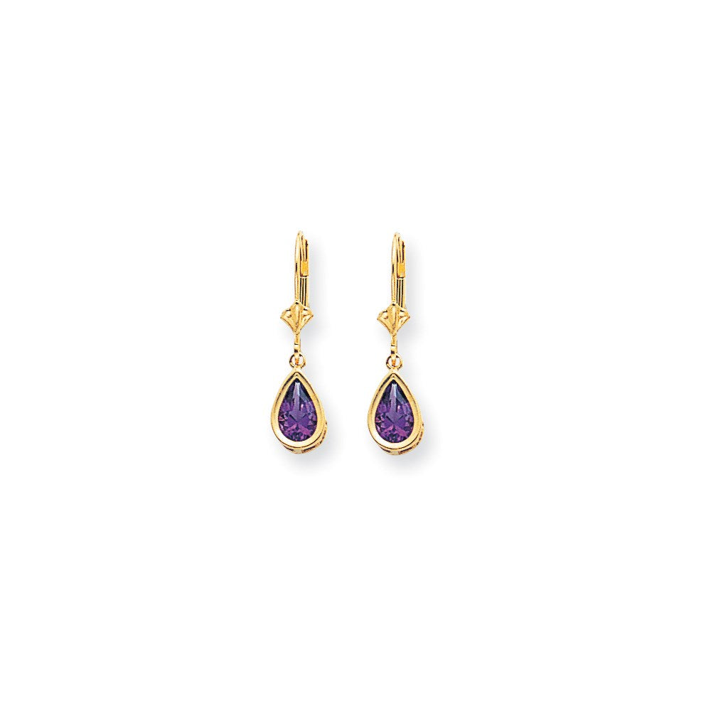14K Gelbgold Ohrhänger mit birnenförmigem Amethyst im Schachbrettschliff, 8 x 5 mm, mit Kastenverschluss