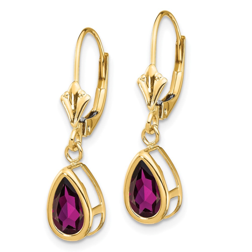 14K Gelbgold Ohrhänger mit Rhodolith-Granat im Birnenschliff, 8x5 mm, Leverback-Verschluss