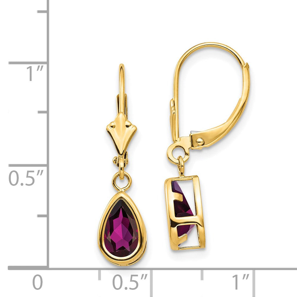 14K Gelbgold Ohrhänger mit Rhodolith-Granat im Birnenschliff, 8x5 mm, Leverback-Verschluss