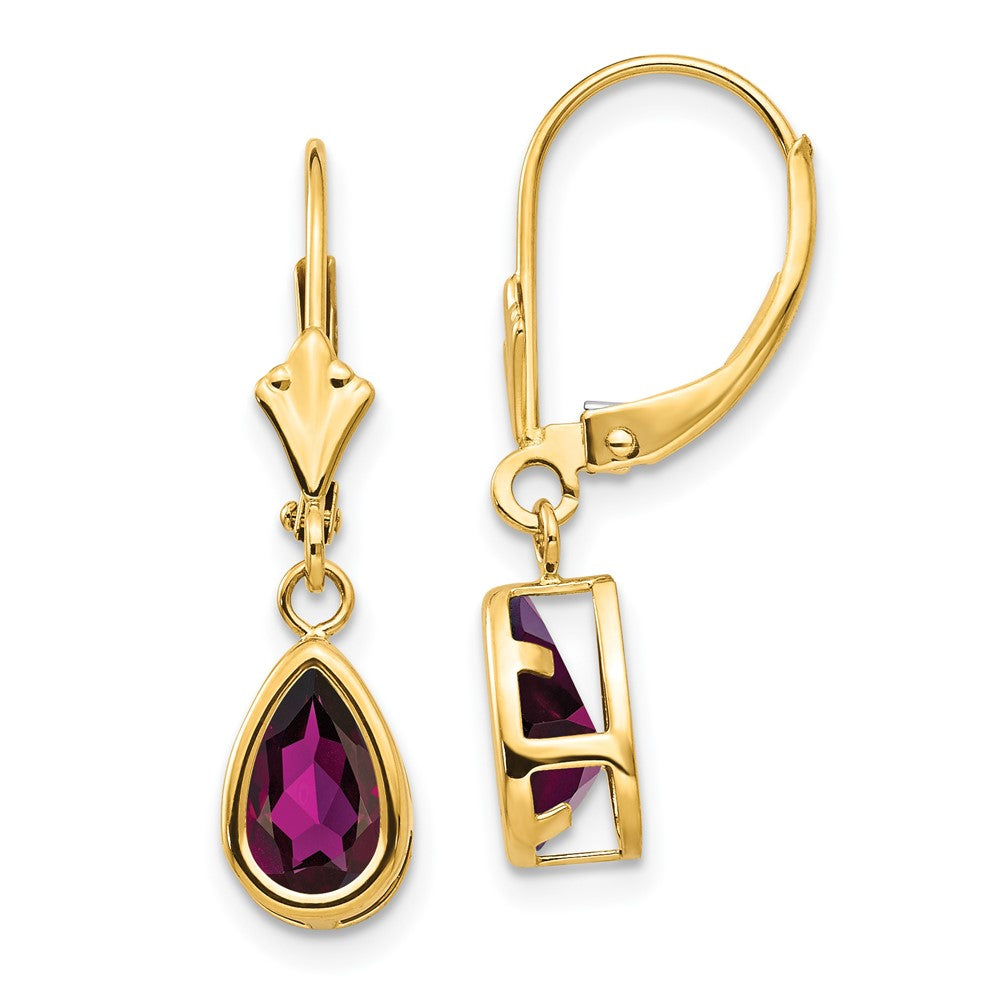14K Gelbgold Ohrhänger mit Rhodolith-Granat im Birnenschliff, 8x5 mm, Leverback-Verschluss