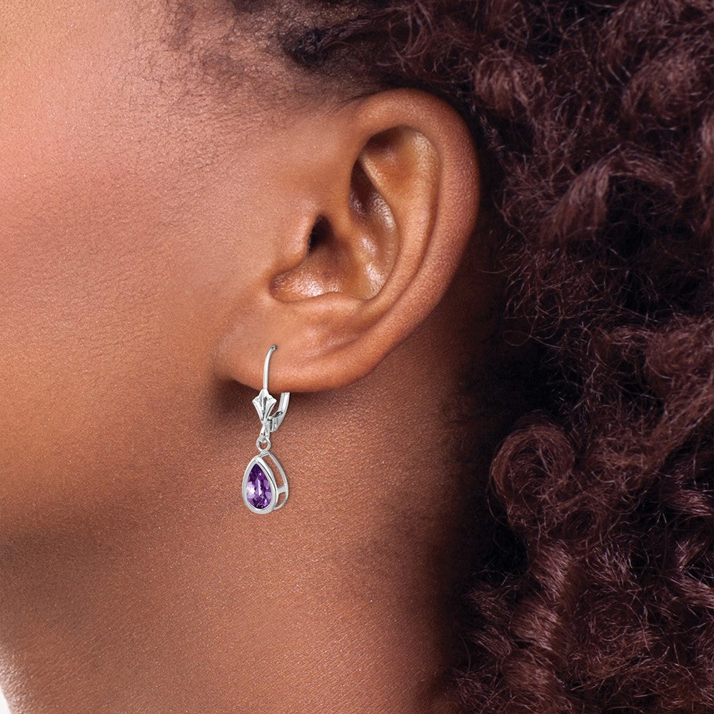 14K Weißgold Ohrringe mit birnenförmigem Amethyst 8x5mm und Leverback-Verschluss