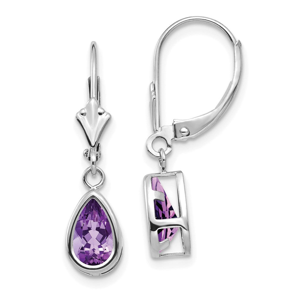14K Weißgold Ohrringe mit birnenförmigem Amethyst 8x5mm und Leverback-Verschluss