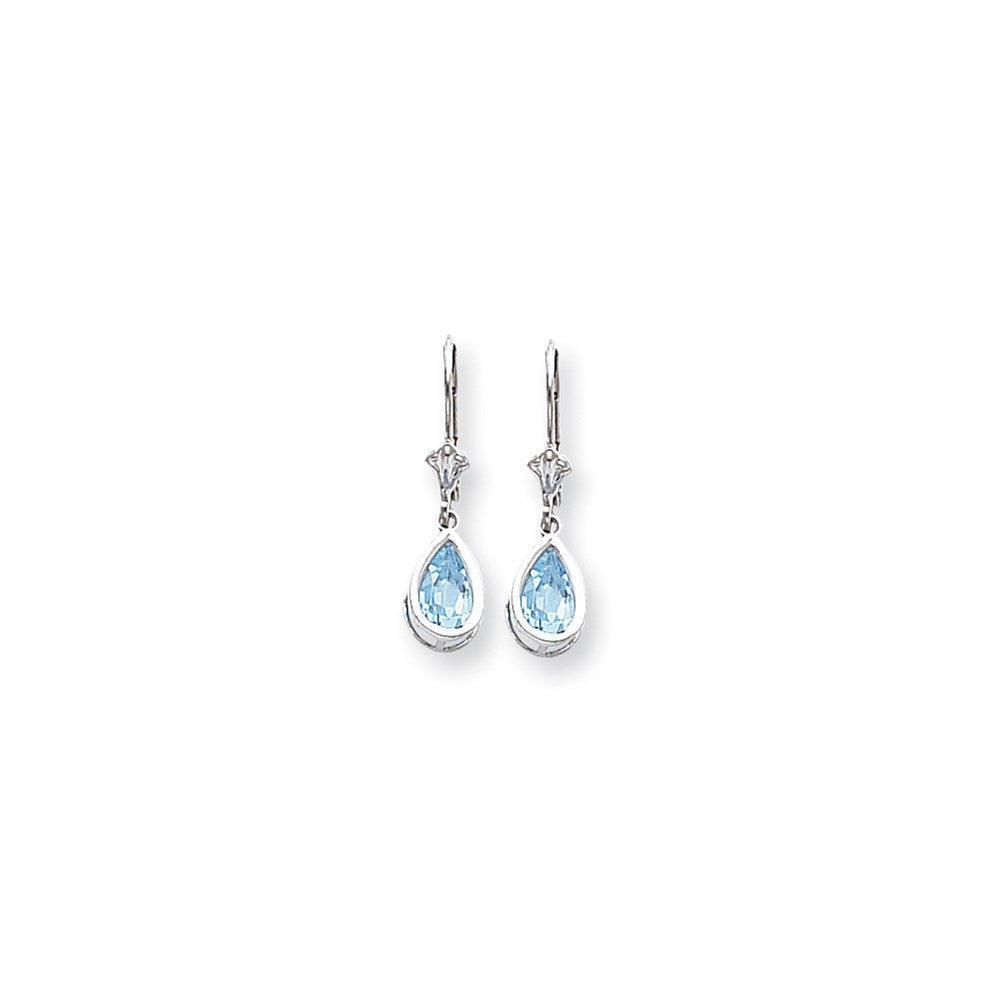 14K Weißgold 8x5mm Birnenförmiger Blautopas Ohrhänger mit Schachbrettschliff und Leverback-Verschluss