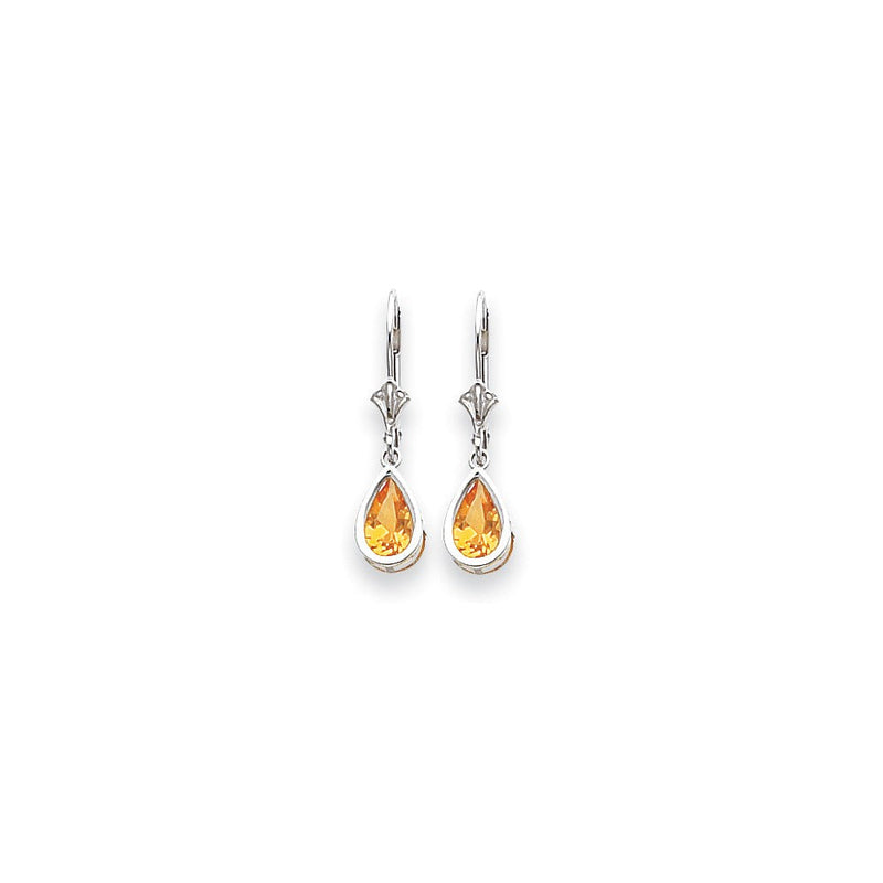 14K Weißgold Ohrhänger mit 8x5mm birnenförmigem Citrin im Schachbrettschliff und Leverback-Verschluss