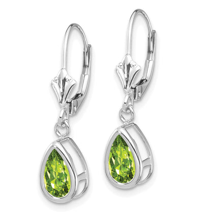 14K Weißgold Ohrringe mit birnenförmigem Peridot 8x5 mm und Brisurverschluss