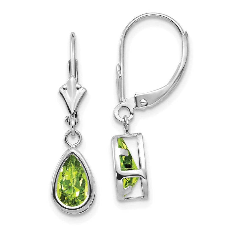 14K Weißgold Ohrringe mit birnenförmigem Peridot 8x5 mm und Brisurverschluss