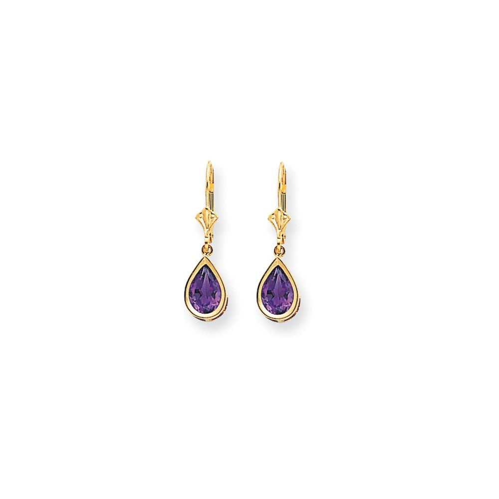 14K Gelbgold Ohrhänger mit birnenförmigem Amethyst im Schachbrettschliff, 9x6 mm, Brisur-Verschluss