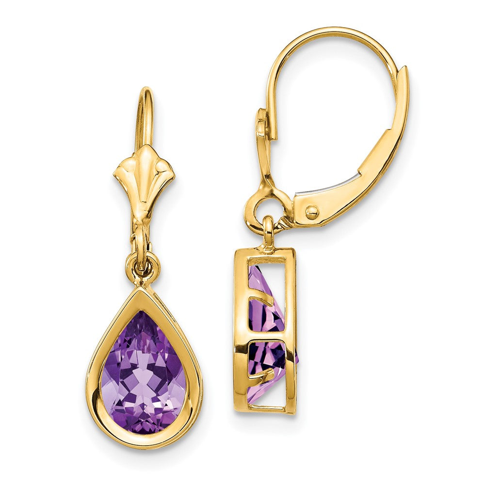 14K Gelbgold Ohrhänger mit birnenförmigem Amethyst 9x6 mm und Leverback-Verschluss