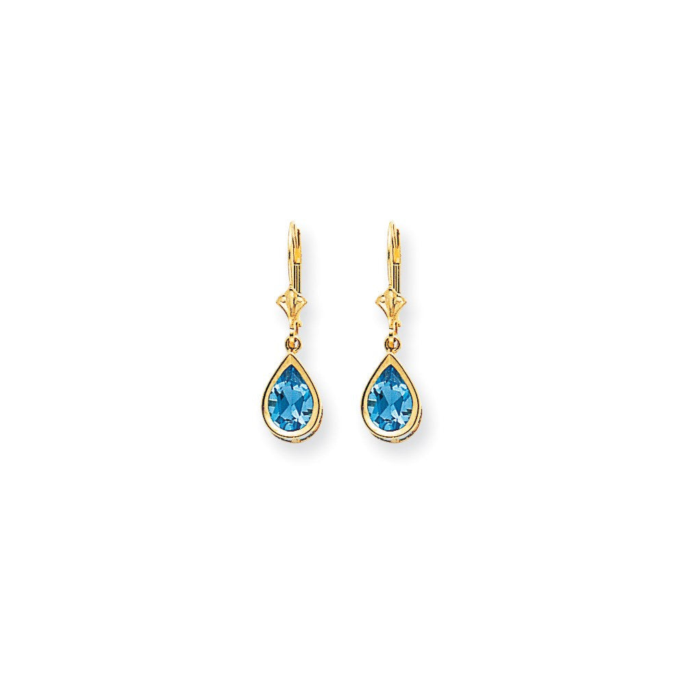 14K Gelbgold Ohrhänger mit 9x6 mm Blautopas im Birnenschliff mit Schachbrettmuster und Leverback-Verschluss