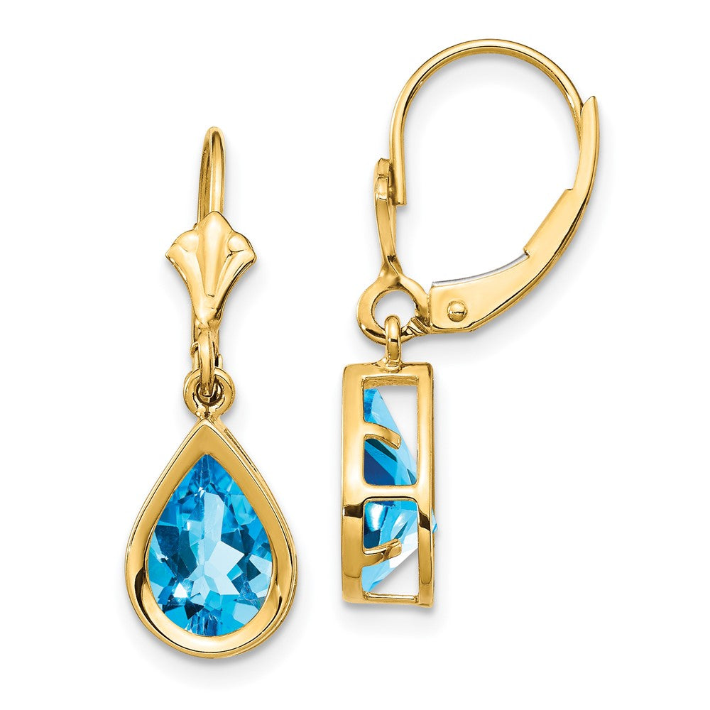 14K Gelbgold Ohrhänger mit birnenförmigem blauem Topas, 9x6 mm, mit Leverback-Verschluss