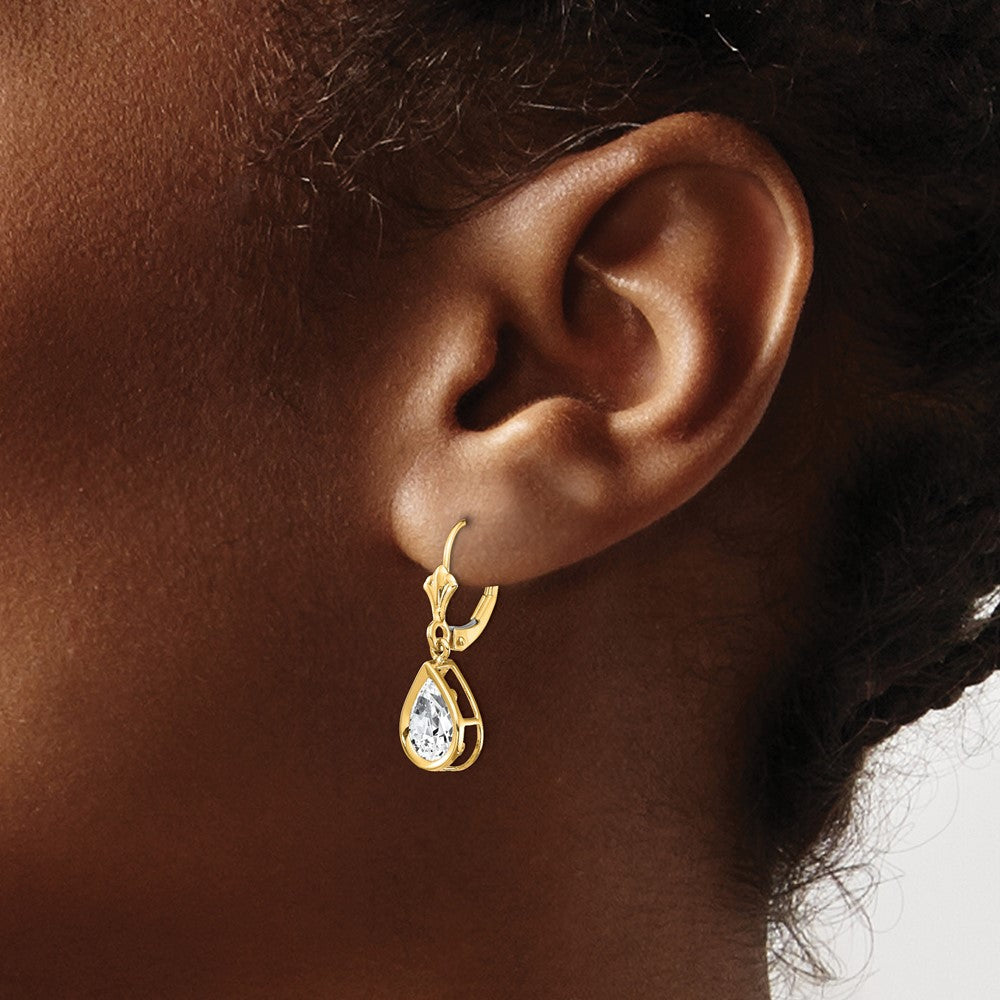 14K Gelbgold Ohrringe mit birnenförmigem Zirkonia (9 x 6 mm) und Leverback-Verschluss