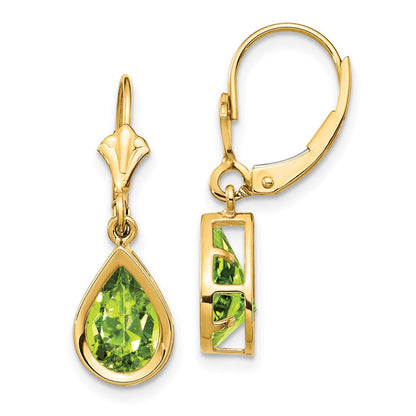 14K Gelbgold Ohrhänger mit 9x6 mm Peridot im Birnenschliff und Leverback-Verschluss