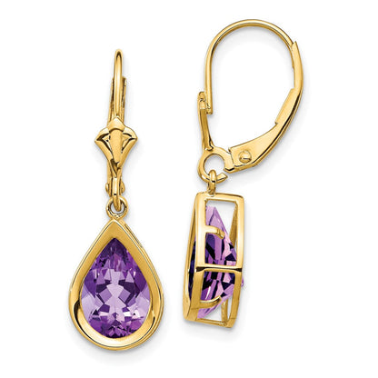 14K Gelbgold Ohrhänger mit birnenförmigem Amethyst, 10 x 7 mm, mit Leverback-Verschluss