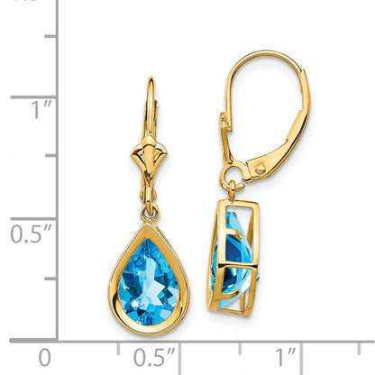 14K Gelbgold Ohrhänger mit birnenförmigem blauem Topas, 10x7 mm, mit Leverback-Verschluss